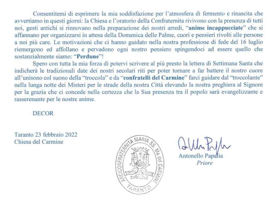 Quaresima 2022 a Taranto, lettera del Priore